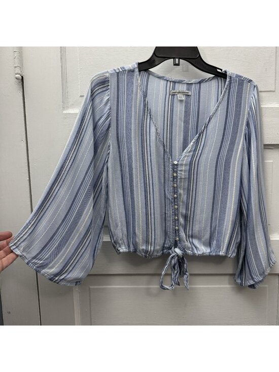 American Eagle Outfitters Tops - American Eagle Blue Stripe Tie Front Peasant Blouse Womens Small Boho Top
